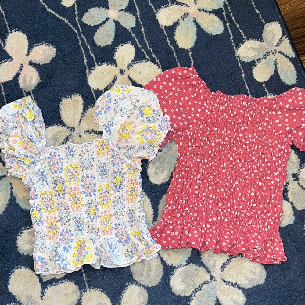 Floral Puff Sleeve Kids Tops - Multicolor & Red